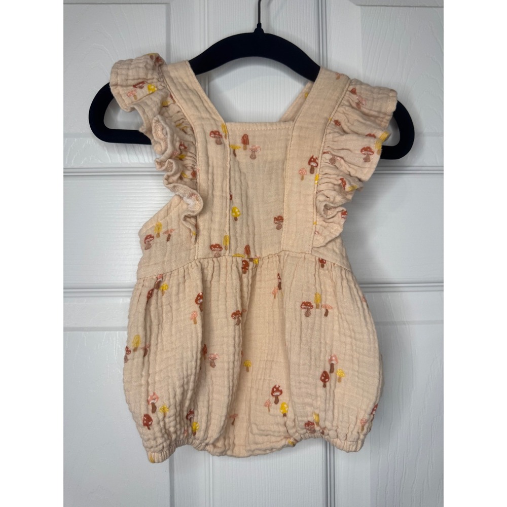 Apple Park 100% Organic Cotton Mushroom Print Ruffle Romper Peach 3-6M